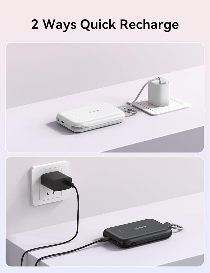 RORRY CharmGo Portable Charger, 10000mAh PD 30W Fast Charging Portable Charger Power Bank with Built-in Cables, Travel Keychain Charger Battery Pack for iPhone 17/16/15, for AirPods 2/3/4/Pro, White