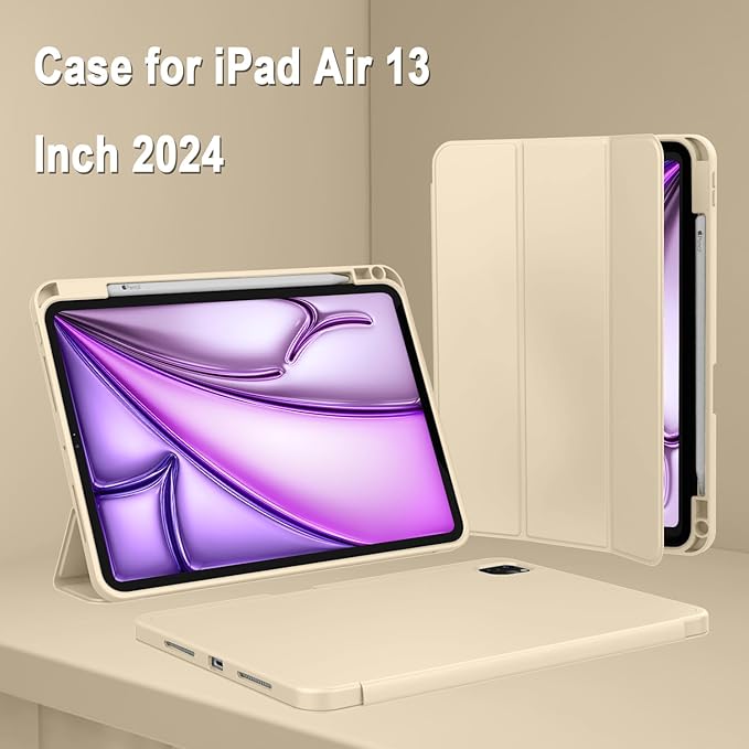 ZryXal New iPad Air 13 Inch Case M3 2025/M2 2024 with Pencil Holder, Trifold Stand Smart Case with Soft TPU Back,Auto Wake/Sleep(New Champagne Gold)
