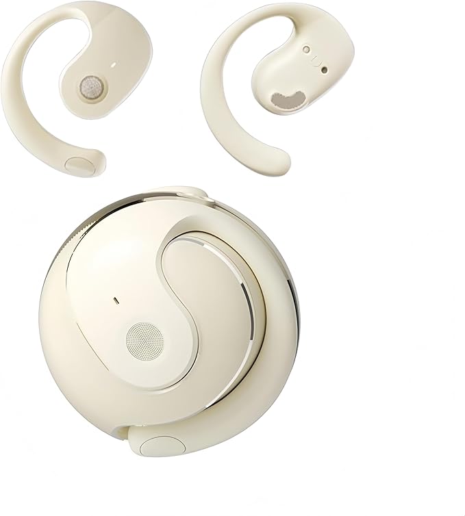 Women Men Open Ear Headphones, Bluetooth 5.4 Wireless Sports Headphones with Digital Display Charging Case 48 Hours Playtime True Earbuds with Earhooks for Jogging Walking Workout (Light khaki)