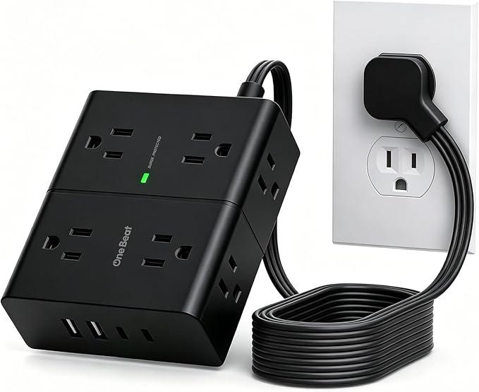 One Beat Surge Protector Power Strip, 6 Ft Ultra Thin Flat Extension Cord with 8 Outlets 4 USB Ports(2 USB C), Flat Plug Power Strip, White Power Strip for Home, Office, Dorm Room Essentials, Black