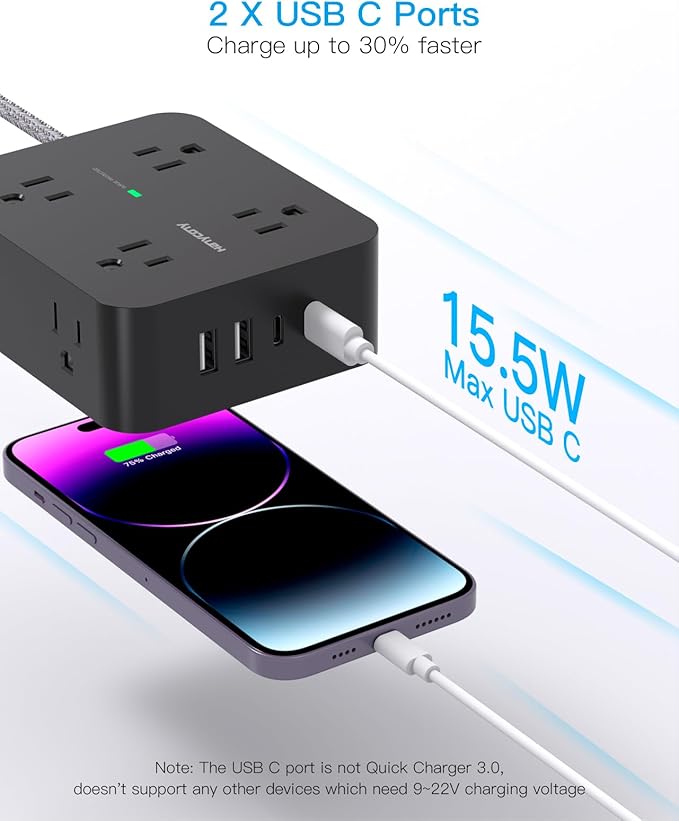 Power Strip Surge Protector, HANYCONY 8 Outlets with 4 USB Charging Ports(2 USB C), 3 Side Outlet Extender with 5 Ft Extension Cord, Flat Plug, Wall Mount, Desk Charging Station for Home Office ETL
