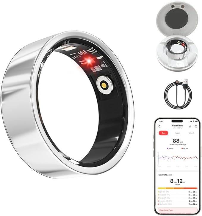 Smart Health Ring for Women Men Fitness Tracker with Heart Rate, Blood Oxygen, HRV, Sleep Monitoring, Step Counting, IP68 for iPhone and Android, No Subscription Fee (Silver, 9#)