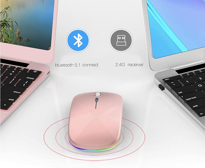 PEIBO Wireless Bluetooth Mouse, 7-Color LED, Built-in Battery, Ergonomic Design, Compatible with iPad, MacBook, Windows Laptops - Rose Gold