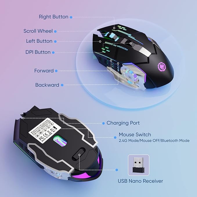 MELOGAGA Wireless Gaming Mouse Bluetooth Mouse RGB Rechargeable 2.4G USB Cordless Computer Mice with 7 Color Backlit, 6 Buttons & Silent Click for Laptop, iPad, Mac OS, PC, Windows -Black