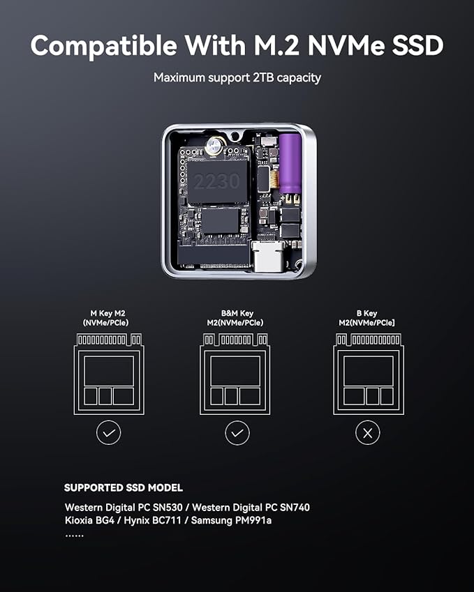 DOCKCASE Pocket M.2 2230 NVMe SSD Enclosure,Support 3s PLP Prevents Write Data Loss,USB 3.2 Gen 2 Type-C (10 Gbps), fits NVMe PCIe, Exclusive to Size 2230,Support M-Key B+M Key UASP (Silver)
