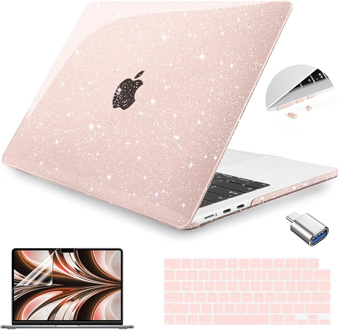 Teryeefi Glitter Case for MacBook Air 13.6 Inch M5 M4 M3 M2 Chip Release 2022-2024 2025 2026 fits Model A3449/A2681/A3113/A3240, Hard Shell Case with Keyboard Cover, Sparkly Cherry Blossom Pink