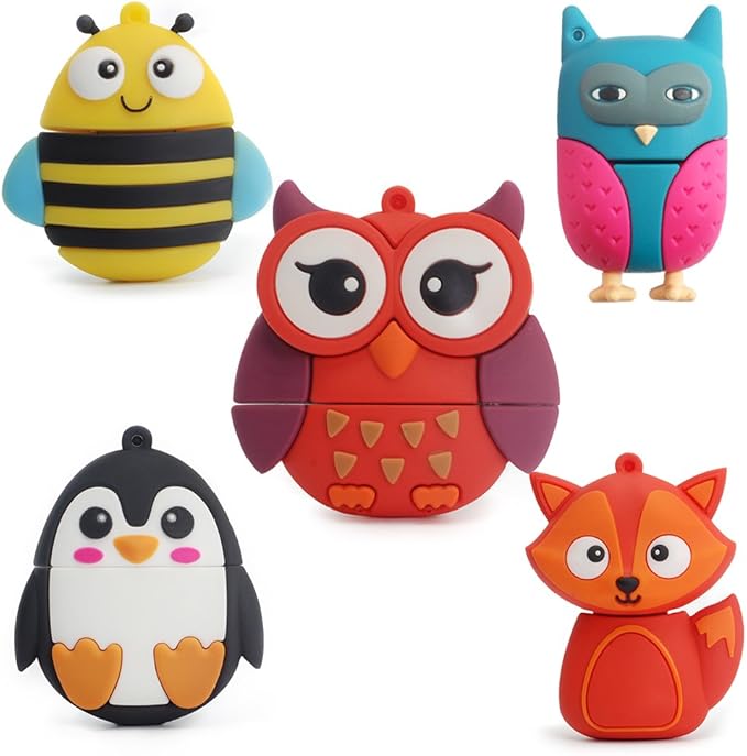 5X8GB Cute Animals USB Flash Drive with Chain Bee Fox Owls Penguin Pen Drive Gifts for School Kids and Students Valentine's Day Gift (Pack of 5 Animals)