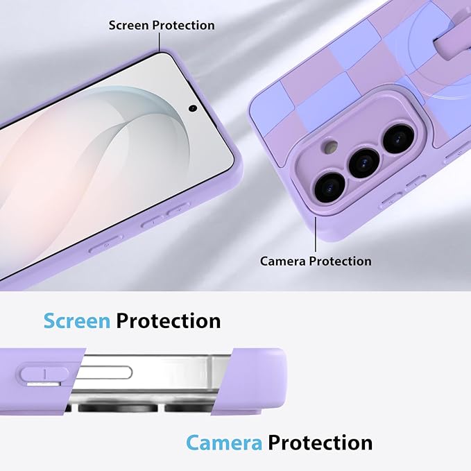 KANGHAR Compatible with Samsung Galaxy S26 Case, Support for MagSafe, Silicone Checkered Cute Pattern, Wristband Kickstand Camera Protection Soft Slim Cover for Girls Women -Purple