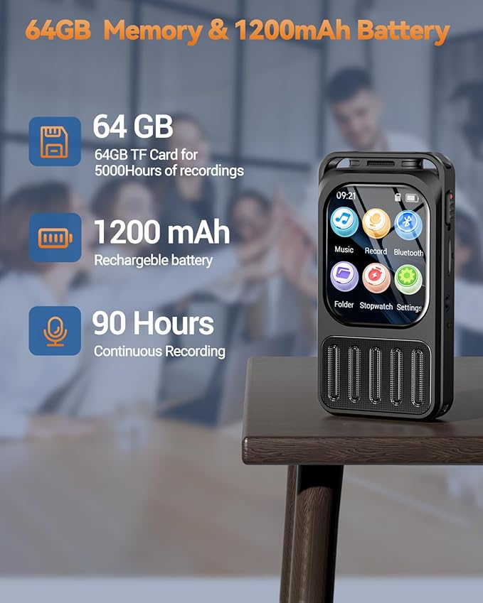 64GB Digital Voice Recorder with 2" Touchscreen & Bluetooth, 3072Kbps HD Dual Mic XIXITPY Audio Recording Device with Playback, Password, A-B Repeat, MP3 for Lectures, Meetings, Interviews