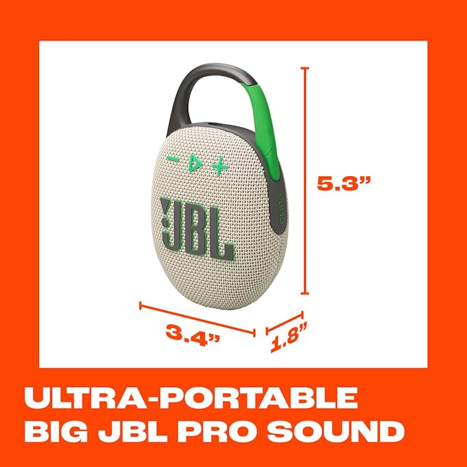 JBL Clip 5 - Ultra-Portable, Waterproof & Dustproof Bluetooth Speaker, Big JBL Pro Sound with Punchy bass, Integrated Carabiner, Up to 12 Hours of Play, Made in Part with Recycled Materials (Sand)