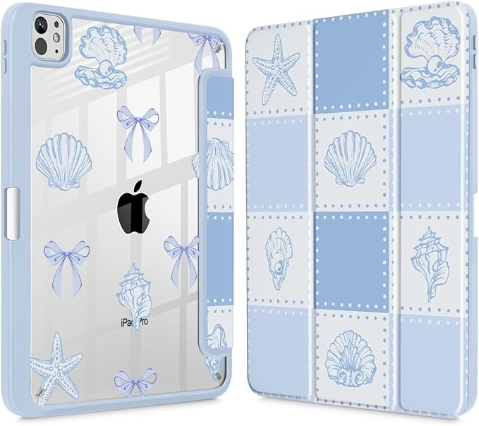 May Chen Case for iPad Pro 11-Inch M5/M4 2025/2024 (6th/5th Generation), [Penceil Holder] Trifold Stand Auto Wake/Sleep Clear TPU Protection Back Cover, Blue Checkered