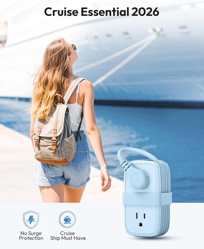 NTONPOWER Blue Travel Power Strip 20W, Travel Essentials 4 Outlets 3 USB(1 USB-C) with 4FT Wrapped Extension Cord Flat Plug, Vacation Essentials for Hotel Travel Camping Cruise Essentials 2026