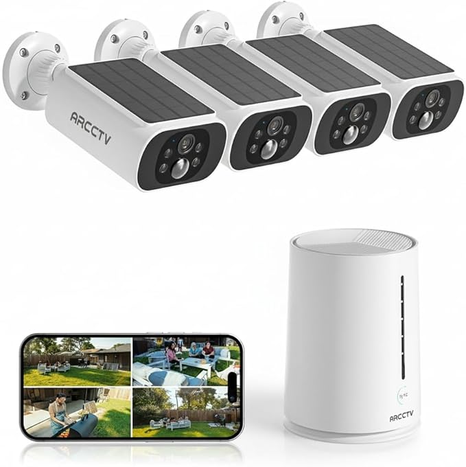 ARCCTV Solar Security Cameras Wireless Outdoor, 4 Cam-Kit, 4MP Solar Security Camera Wireless System, Color Night Vision, Motion Detection, No Monthly Fee, 32GB Memory Card