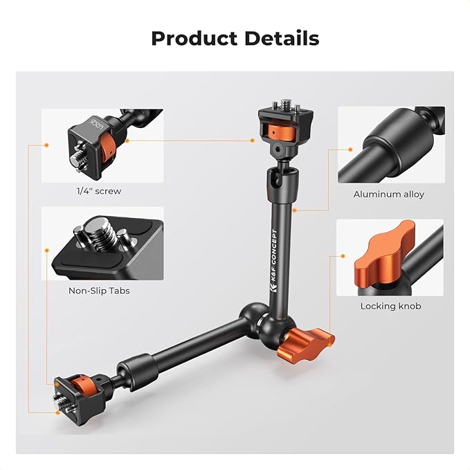 K&F CONCEPT 11" Magic Arm 1/4" Screw 360° Ball Heads Articulating Friction Camera Arm Mount for Monitor, LED Light, Webcam, Microphone, Camera Cage