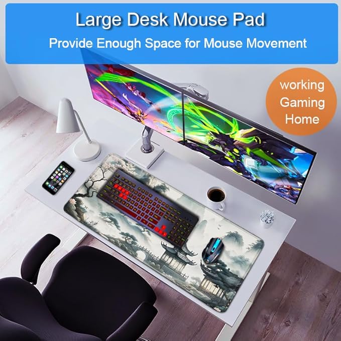 Large Gaming Mouse Pad, 31.5x15.7 inch Large Extended Computer Keyboard Mouse Mat, Water Resist Non-Slip Mousepad Rubber Base Long XXL Mouse Pad for Work & Gaming, Office & Home, Sakura Ancient City