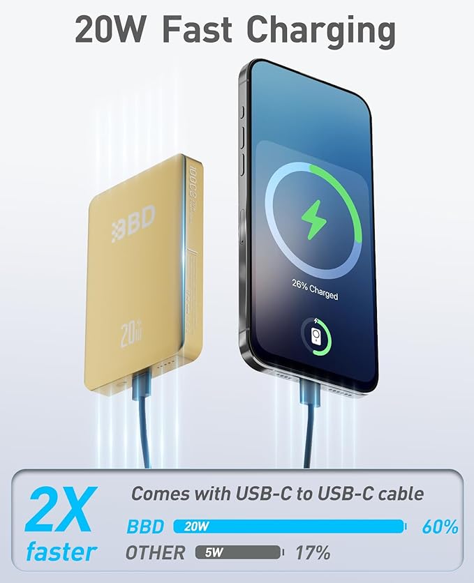 BBD Magsafe Portable Charger,10000mAh Magnetic Power Bank Fast Charging PD 20w with USB C Cable,Slim Magsafe Battery Pack,Wireless Power Bank for iPhone 17/16/15/14/13/12 Series 1Pack-Gold