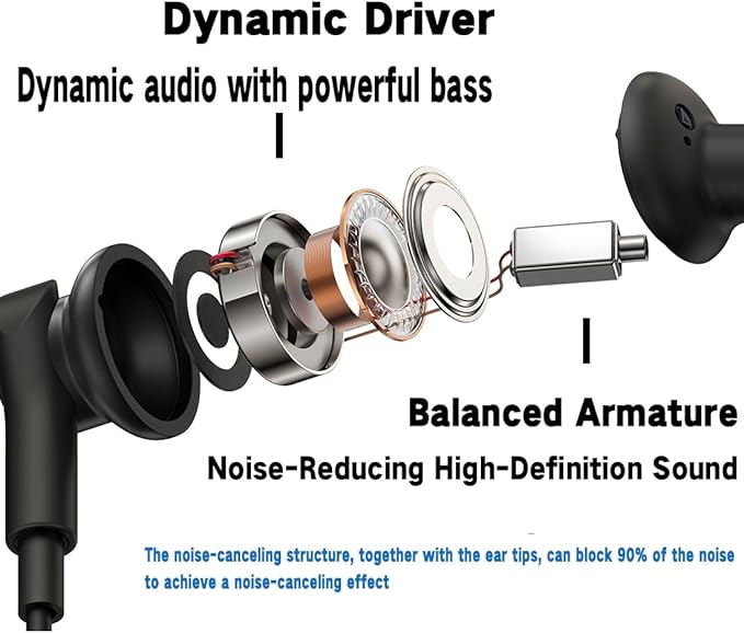 USB C Wired Headphones with Noise-Canceling Mic,Dual-Driver Noise-Isolating Wired Earbuds with Call Noise Reduction,Type C Plug Deep Bass In ear Earphones with DAC,Powerful Bass and HD Sound (Black)