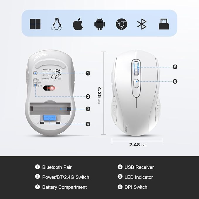 TECKNET Bluetooth Mouse, 4000DPI Wireless Mice for Laptop 2-in-1(BT 5.0/3.0+2.4Ghz) Computer Portable PC Mouse Wireless with USB Receiver for Mac (USB-A+Bluetooth, White)