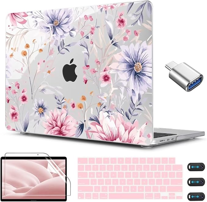 CISSOOK Flower Case for MacBook Air 13.6 Inch M5 M4 M3 M2 Chip Model A3449 A3240 A3113 A2681, Plastic Shell Cover with Keyboard Cover Screen Protector for MacBook Air 13 2022-2026, Flowers Watercolor