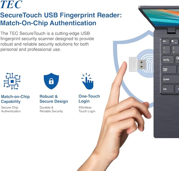 TEC SecureTouch TE-FPA4-MC USB Fingerprint Reader with ESS Enhanced Sign-in Security – Match-On-Chip Encryption, 360° Biometric Sensor, 0.23s Fast Login, Password-Free Windows Hello PC Sign-in