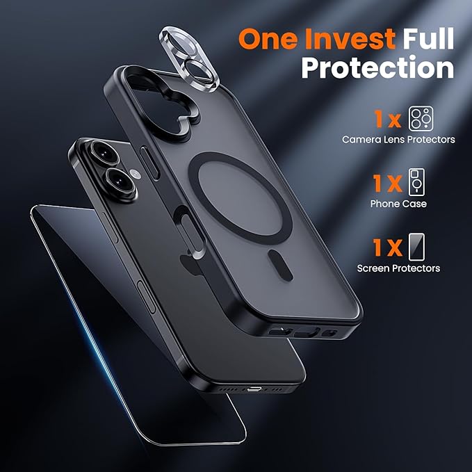 toushion 3 in 1 for iPhone 16 Case with MagSafe, Screen Protector*1 Camera Lens Protector*1,Matte Skin Feeling Back Cover Military-Grade Protection for iPhone 16 Phone Case 6.1 inch Matte Black