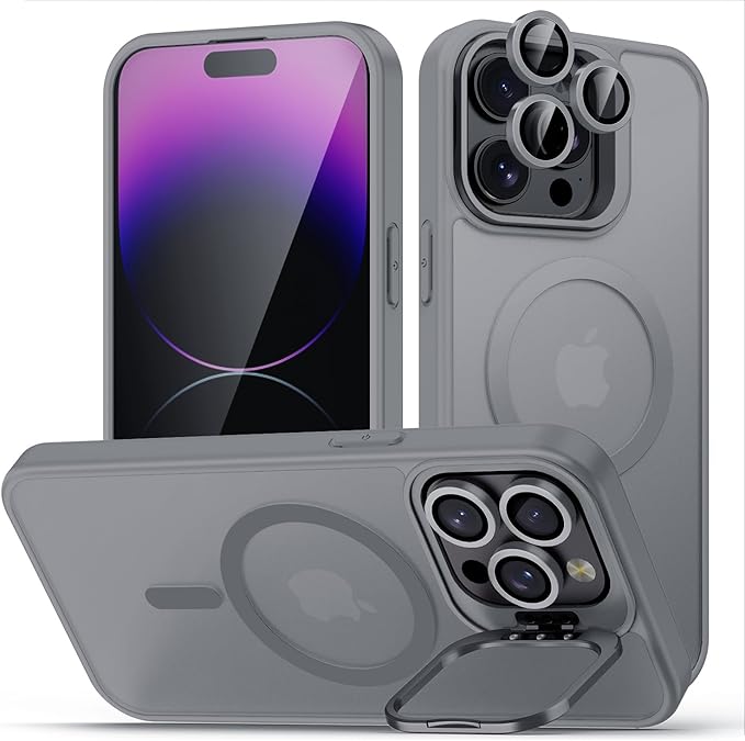TOBOVON for iPhone 14 Pro Case, Compatible with MagSafe, Built-in Camera Ring Stand, with Individual Camera Cover, Translucent Matte Military-Grade Drop Protection Magnetic Case, Gray