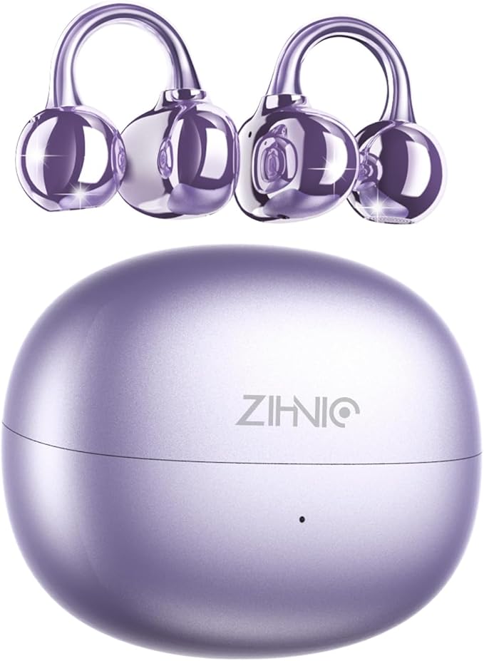 ZIHNIC S26 Wireless Clip on Earbuds, Open Ear Wireless Bluetooth 5.4 Headphones with Mic, IPX5 Waterproof, 35Hr Play time, Light Weight -Purple