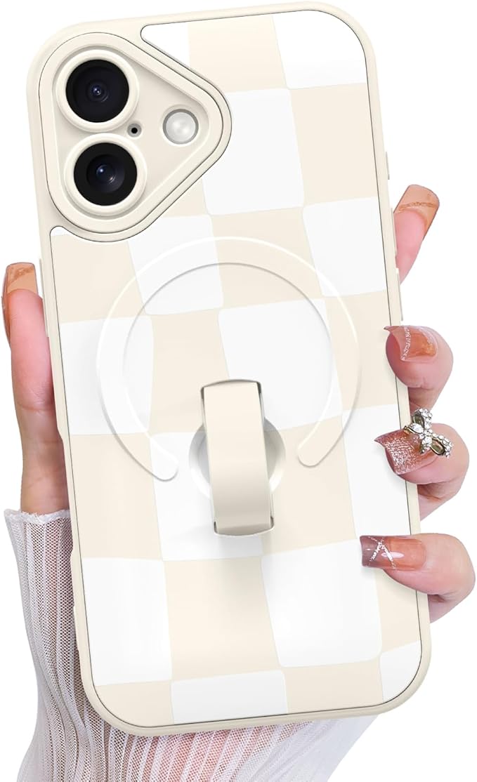 KANGHAR Compatible with iPhone 16 Case, Support for MagSafe, Silicone Checkered Cute Pattern, Wristband Kickstand Camera Protection Soft Slim Cover for Girls Women -White