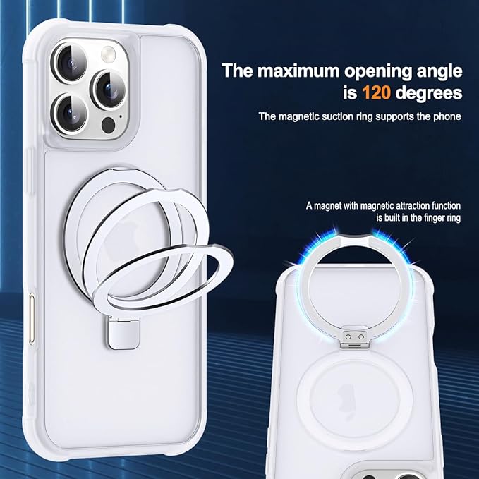 SKYLMW Compatible with iPhone 16 Pro Max Case with Invisible Magnetic O-Ring Stand Military-Grade Phone Case for iPhone 16 ProMax 6.9" [Compatible with Mag-Safe][Great Grip Feeling],Translucent