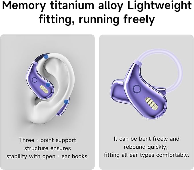Open Ear Earbuds, Wireless Bluetooth 5.4 Headphones, Stereo Sound IPX7 Waterproof with Ergonomic Earhook for Running, Workout, Travel, Purple