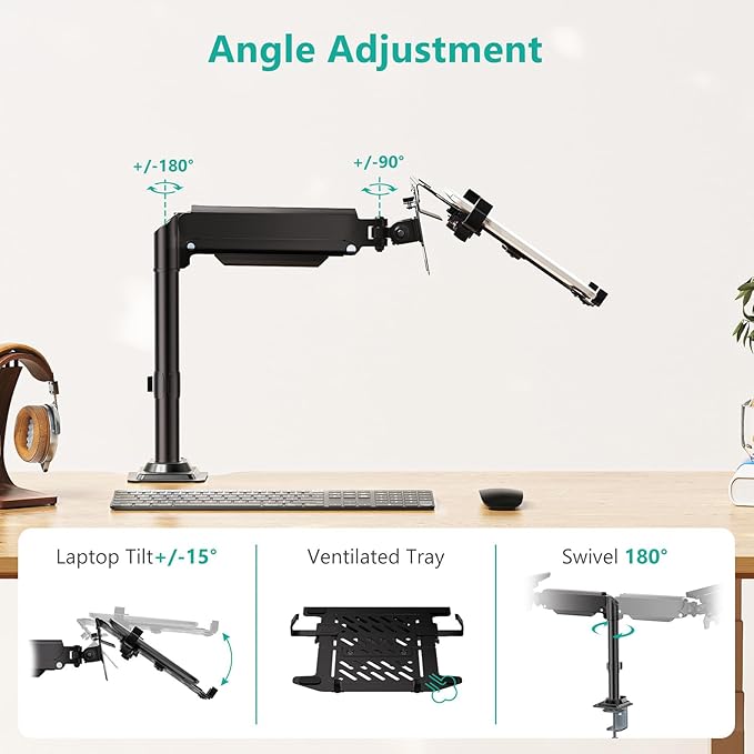 WALI Laptop Desk Mount for 15.6 inch Notebook, Fully Adjustable Single Monitor Arm with Laptop Holder for 32 inch Screen, Laptops Stand with Ventilated Tray, Up to 22 Lbs, (GSDM00LP), Black