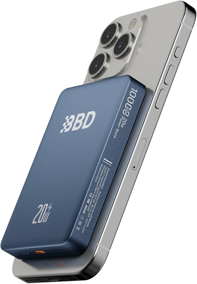 BBD Magsafe Portable Charger,10000mAh Magnetic Power Bank Fast Charging PD 20w with USB C Cable,Slim Magsafe Battery Pack,Wireless Power Bank for iPhone 17/16/15/14/13/12 Series 1Pack Blue