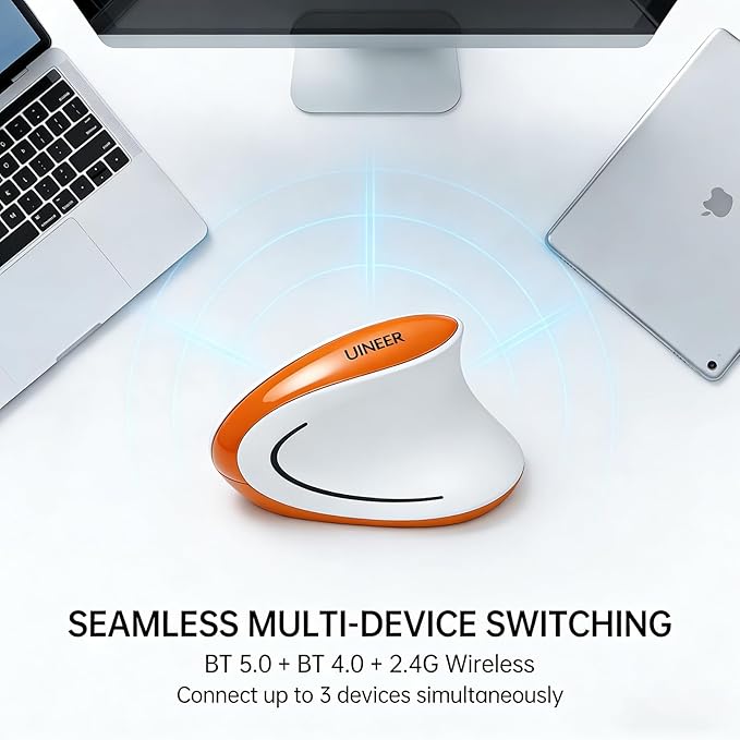 Uineer Ergonomic Mouse, Wireless Bluetooth Rechargeable Vertical Mouse, 7 Color LED, 4 DPI Adjustable, USB-A, Wrist Strain Relief,Optical Mice for Computer/PC/Laptop, Black (Orange)