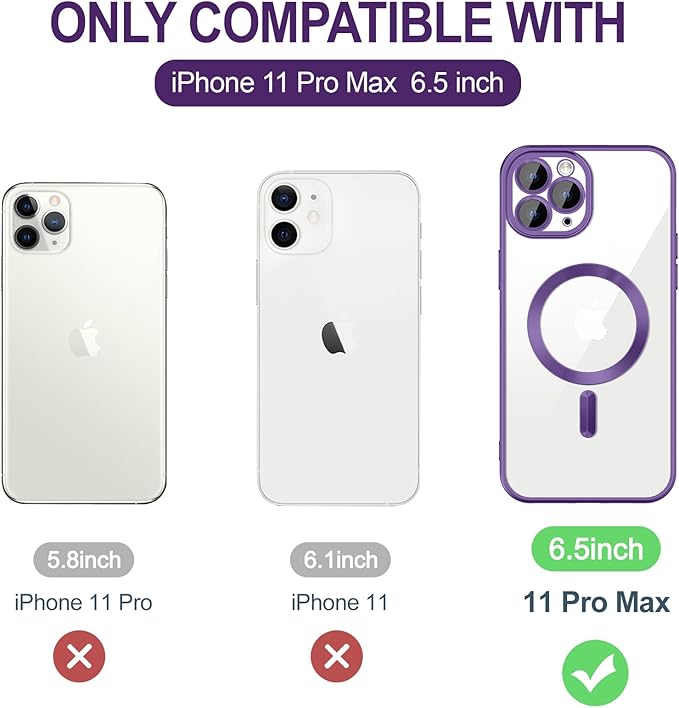Hython Magnetic Clear for iPhone 11 Pro Max Case with Camera Lens Protector [Compatible with MagSafe] Plating Edge Slim Soft TPU Cover Protective Phone Case for iPhone 11 Pro Max 6.5", Matte Purple
