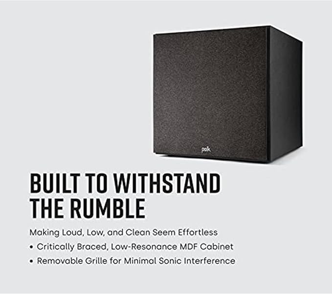 Polk Monitor XT12 Powered Sub - 12" Balanced Woofer & 100W Class A/B Amplifier, Low-Resonance MDF Cabinet & Removable Grille, Dolby Atmos & DTS:X Compatible, Home Theater Subwoofers, Midnight Black