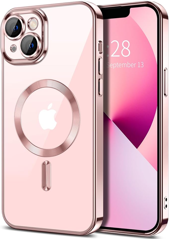 Hython Magnetic Clear for iPhone 13 Case with Camera Lens Protector [Compatible with MagSafe] Luxury Plating Edge Slim Soft TPU Cover Protective Phone Case for iPhone 13 6.1", Pink