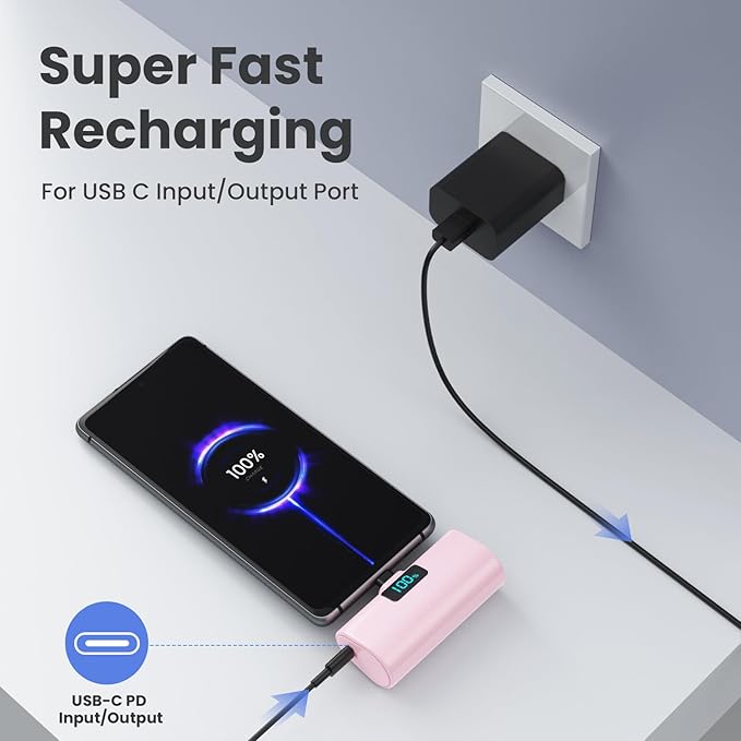 [2-Pack]Portable Charger for iPhone 16/15 Series,5200mAh PD USB C Power Bank Built-in USB-C Connector,Battery Pack Compatible with iPhone 16/16 Plus/16 Pro/16 Pro Max/15 Series,Android (Pink+Blue)