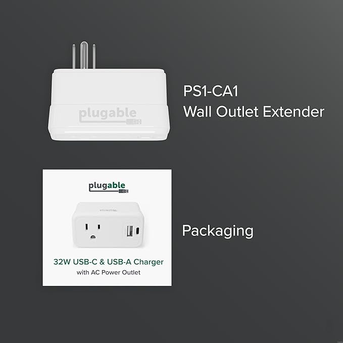 Plugable Outlet Extender with USB-C & USB-A Fast Charging - Wall Charger Block for iPhone 15/16. Pass-Through Design, Travel & Office