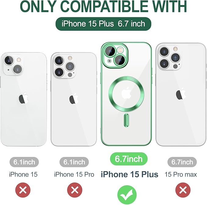 Hython Magnetic Clear for iPhone 15 Plus Case with Camera Lens Protector [Compatible with MagSafe] Luxury Plating Edge Slim Soft TPU Cover Protective Phone Case for iPhone 15 Plus 6.7", Light Green