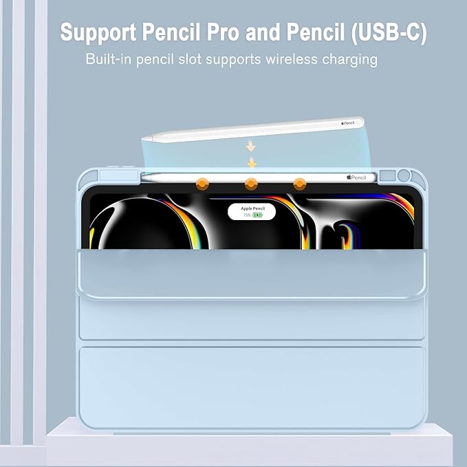 ZryXal New iPad Pro 13 Inch Case (M5) 2025 / (M4) 2024 with Pencil Holder, Smart iPad Case [Support Pencil Pro and Pencil (USB-C)], Support Touch ID and Auto Wake/Sleep (New Sky Blue)