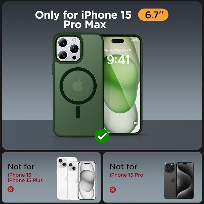 Miracase Magnetic for iPhone 15 Pro Max Case 6.7 inch (Compatible with MagSafe)（with 2X Screen Protectors）Military-Grade Protection, Anti-Fingerprint Translucent Matte Phone Cover, Dark Green