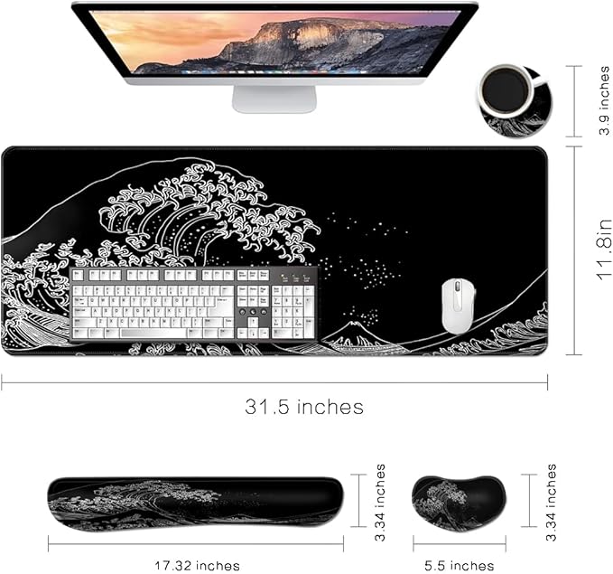 MIBITRI Keyboard Mouse Pad Set, Extended Gaming Mouse Pad+Ergonomics Keyboard Wrist Rest Support, Memory Foam, Easy Typing Pain Relief, 4Pcs XXL Ultra Thick Desk Mat, Japanese Wave