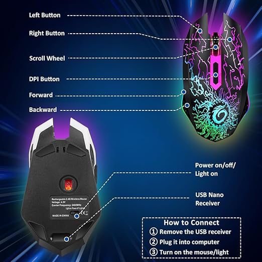 VersionTECH. Wireless Gaming Mouse, Rechargeable Computer Mouse Mice with Colorful LED Lights, Silent Click, 2.4G USB Nano Receiver, 3 Level DPI for PC Gamer Laptop Desktop Chromebook Mac-Black
