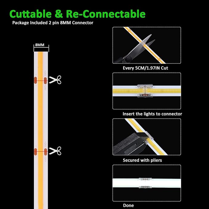 JOYLIT 49.2FT/15M COB LED Strip Lights 24V 6000K Cool White Indoor, 480LEDs/M High Density Spotless CRI 90+ Dimmable Flexible Tape Light for Bedroom, Cabinets, Retail (Power Supply Not Included)