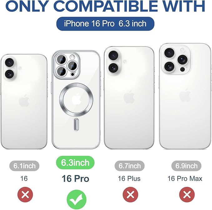 Hython Magnetic Clear for iPhone 16 Pro Case with Camera Lens Protector [Compatible with MagSafe] Luxury Plating Edge Slim Soft TPU Cover Protective Phone Case for iPhone 16 Pro 6.3", Silver