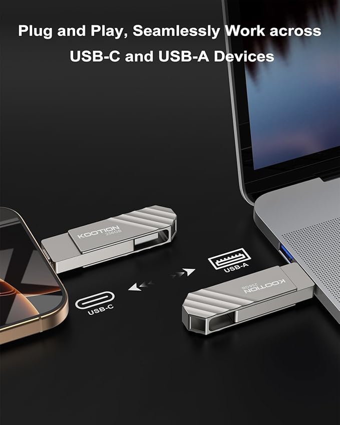 KOOTION USB 3.2 Flash Drive 256GB, Up to 450 MB/S Read Speed USB C Memory Stick, Dual USB C Thumb Drive with USB Type-C and USB A, Swivel Metal Pen Drive for Smartphones/Tablet/Laptop/Mac/Car/TV