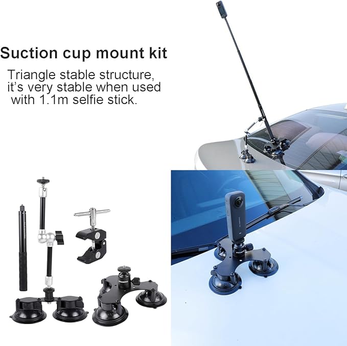 PellKing Suction Car Mount Kit for Insta360 X5/X4, X3,GO 3, 4 in1 Suction Cups with 114cm Selfie Stick Camera Triple Suction Mount Kit for Action Cameras,Compatible with GoPro 11,10,9,8,7(with Stick)