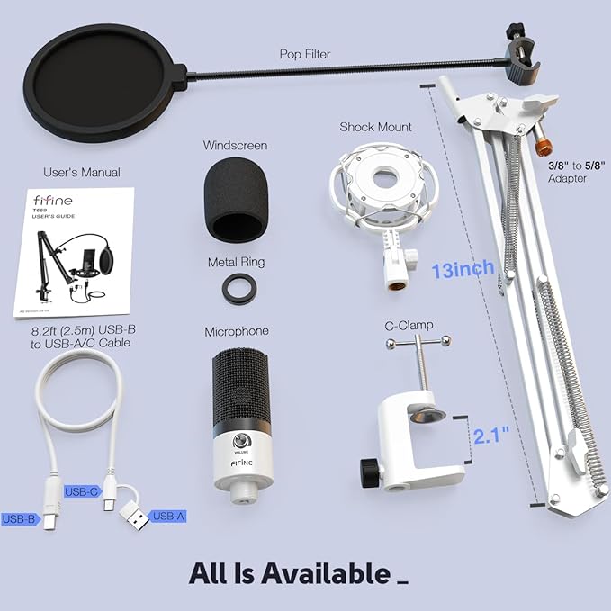 FIFINE USB Recording Microphone Kit, Studio Condenser Microphone for Vocals Music Creation, Voice-Over, Singing with Metal Boom Arm, 16mm Diaphragm, Podcast Mic Set-T669 White
