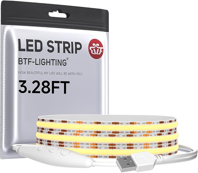 BTF-LIGHTING FCOB COB FOB LED Strip Lights 5V USB Powered 3.28FT 320LEDs Natural White 4000K 8mm Width Dimmable CRI 90+ with 3M Tape Flexible High Density for 3D Printer TV Backlight PC DIY Decor
