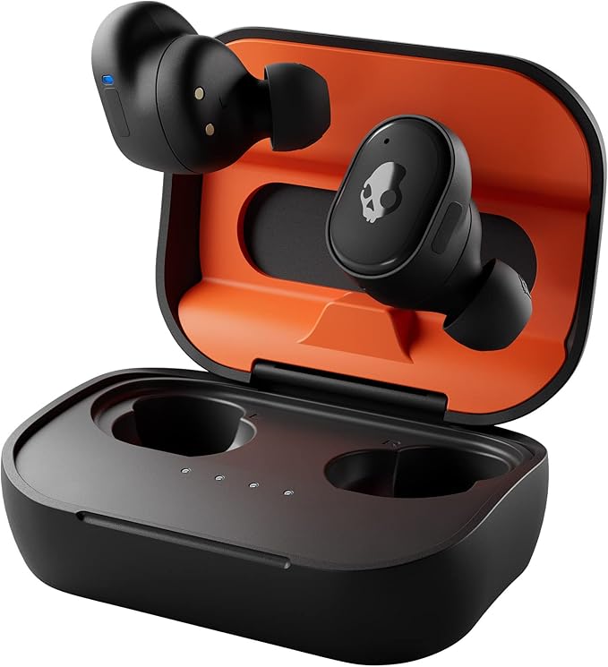 Skullcandy Grind Fuel Wireless Earbuds, Bluetooth Headphones, Up to 40 Hours Battery, Noise Isolating Fit, Wireless Charging Case, Microphone, Customizable via Skull-iQ App - True Black/Orange